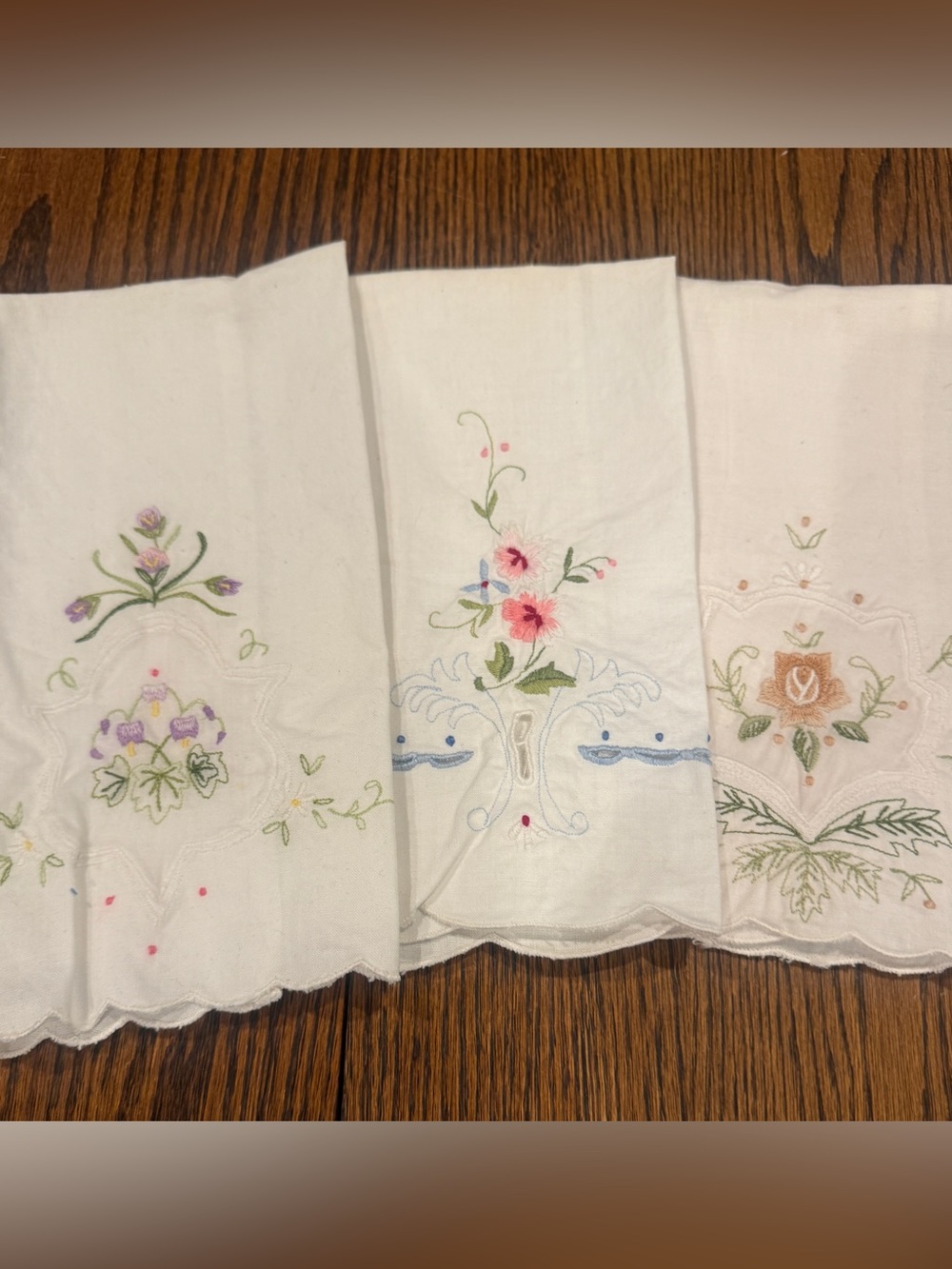 Vintage Hand Embroidered Floral Linen Tea Towel Set